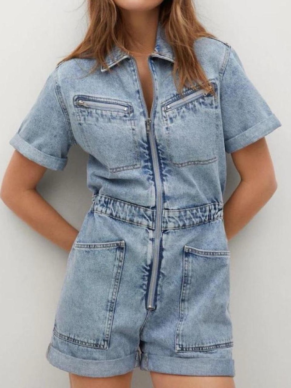 Mango Light Blue Denim Short Jumpsuit
